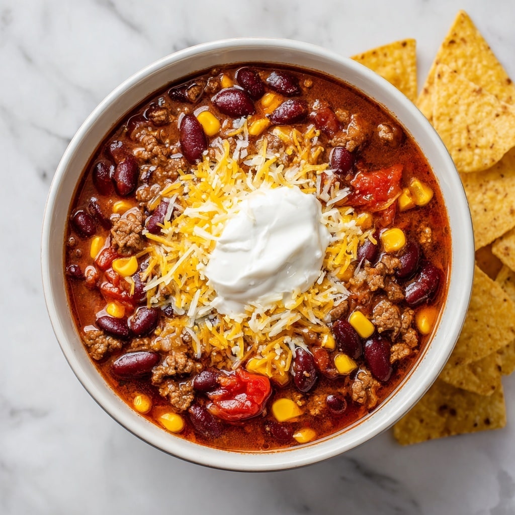The image shows a white bowl filled with a colorful taco soup layered with dark red kidney beans, bright yellow corn, and seasoned ground beef mixed with diced tomatoes, all creating a rich, chunky texture. On top, there is a dollop of white sour cream, surrounded by a sprinkle of finely shredded yellow and white cheese, adding a creamy and slightly textured layer. The bowl sits on a stack of white and blue plates, placed on a white marbled surface, with a few golden tortilla chips leaning against the bowl’s side, giving a crunchy contrast. Photo taken with an iphone --ar 4:5 --v 7