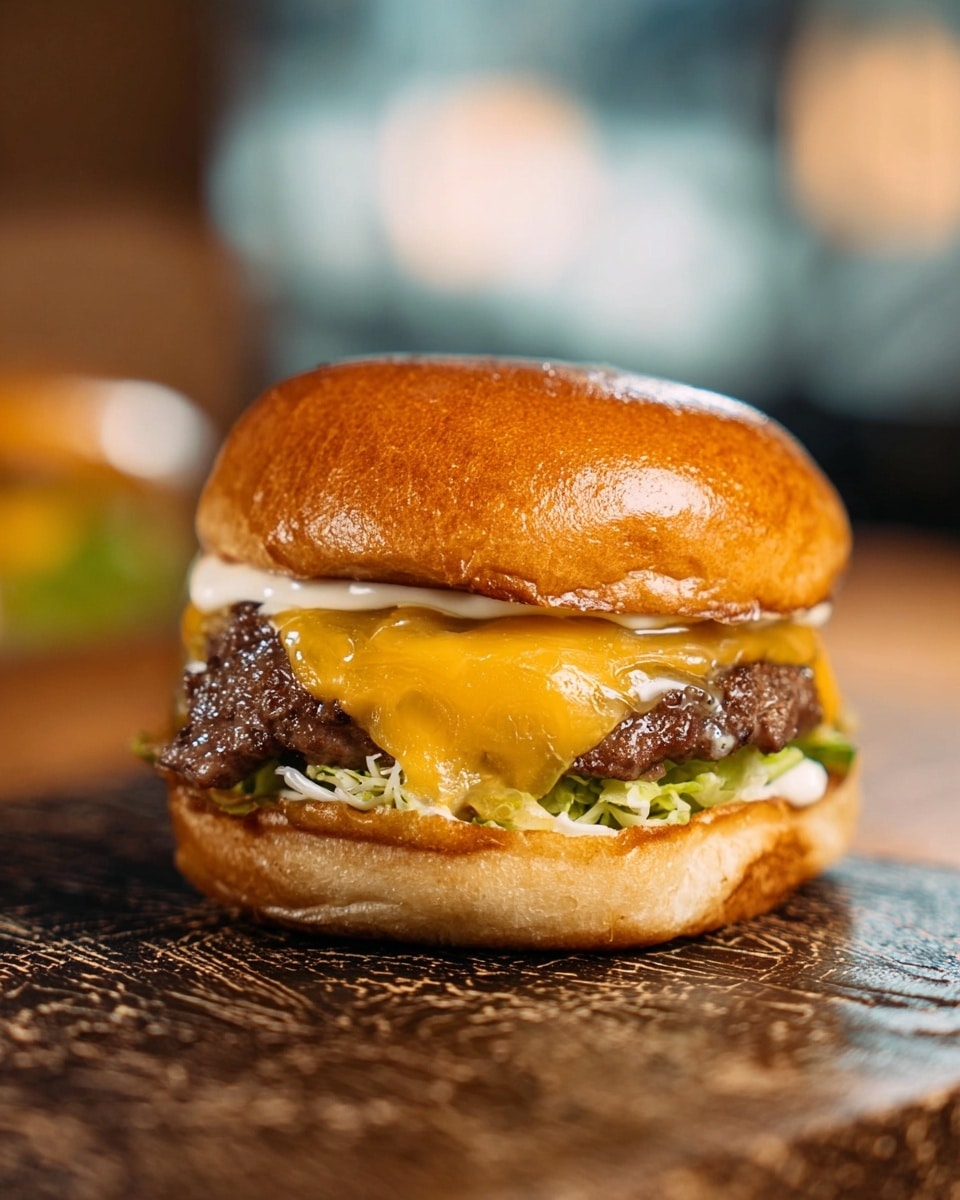 A close-up of a cheeseburger on a dark wooden surface with deep cracks, the white marbled texture is visible behind it in the blurred background. The sandwich has four visible layers: a shiny golden brown top bun with a smooth texture, a light beige creamy sauce just under the top bun, a thick layer of cooked ground beef patty with a rough texture, a melted bright yellow cheddar cheese that drapes over the edges slightly, and shredded green lettuce resting on the bottom bun that matches the shiny golden brown top bun in color. Photo taken with an iphone --ar 4:5 --v 7