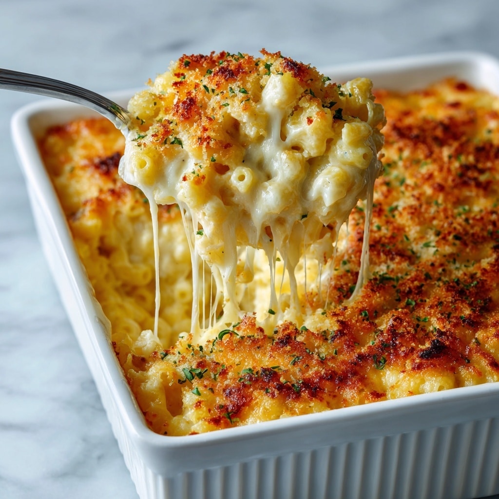 This image shows a white rectangular baking dish filled with three layers of creamy macaroni and cheese. The bottom layer is soft cooked pasta, creamy and coated in a smooth cheese sauce. The middle layer is thick and gooey melted cheese, with strings stretching as a silver fork lifts a portion. The top layer is a golden brown crispy breadcrumb topping, sprinkled with small bits of green herbs. The dish sits on a white marbled texture surface. photo taken with an iphone --ar 4:5 --v 7