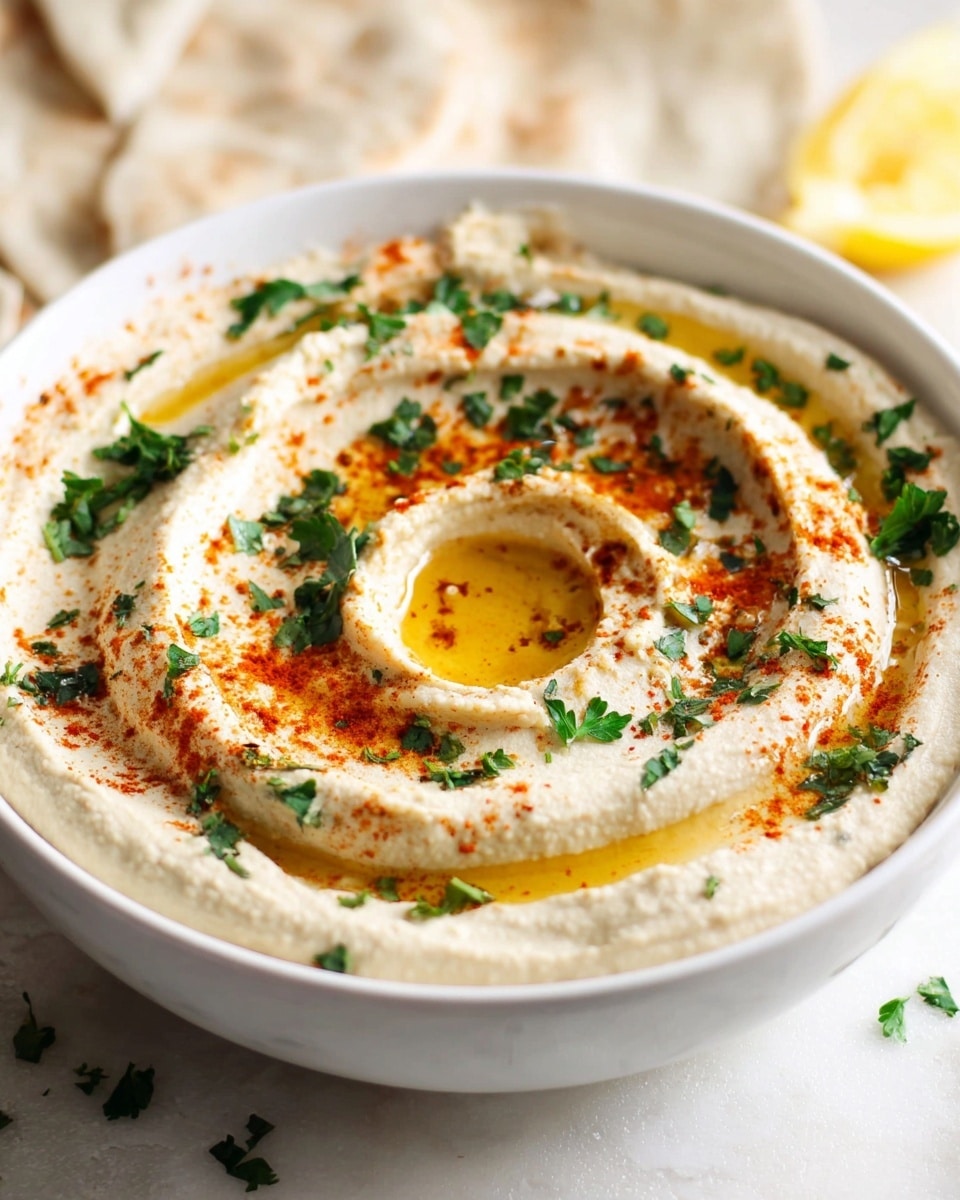 A white bowl filled with three smooth swirled layers of creamy off-white hummus, with a shallow well in the center holding bright golden olive oil. The hummus surface is sprinkled evenly with small green parsley leaves and a light dusting of reddish paprika, creating a colorful contrast. The bowl sits on a white marbled surface, with some light beige flatbread blurred in the background. Photo taken with an iphone --ar 4:5 --v 7