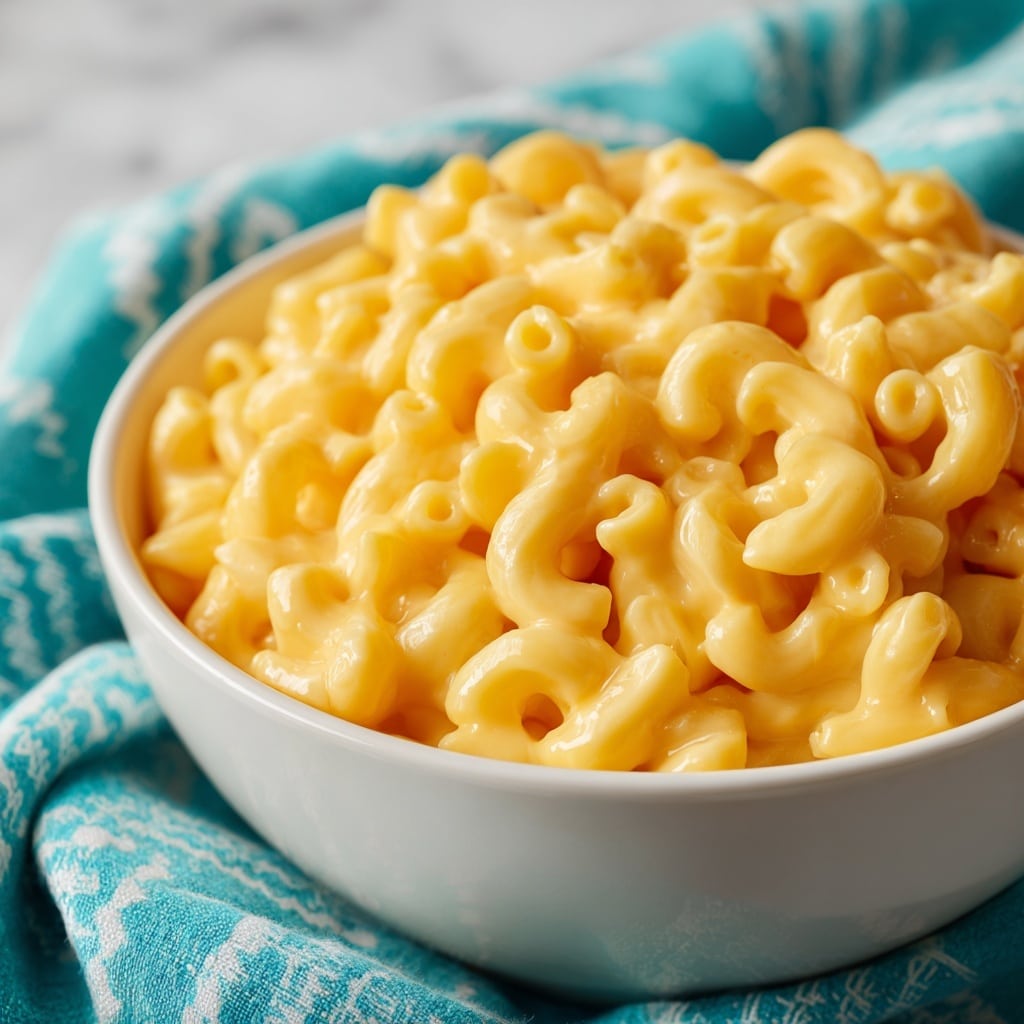 A close-up view of a white bowl filled with creamy macaroni and cheese. The elbow-shaped pasta is coated with smooth, bright yellow cheese sauce that looks thick and glossy. The macaroni is piled high, showing many small, curved pasta pieces layered closely together. The background has a white marbled texture and a turquoise cloth with white zigzag patterns is softly blurred behind the bowl. The overall look is warm and comforting. photo taken with an iphone --ar 4:5 --v 7
