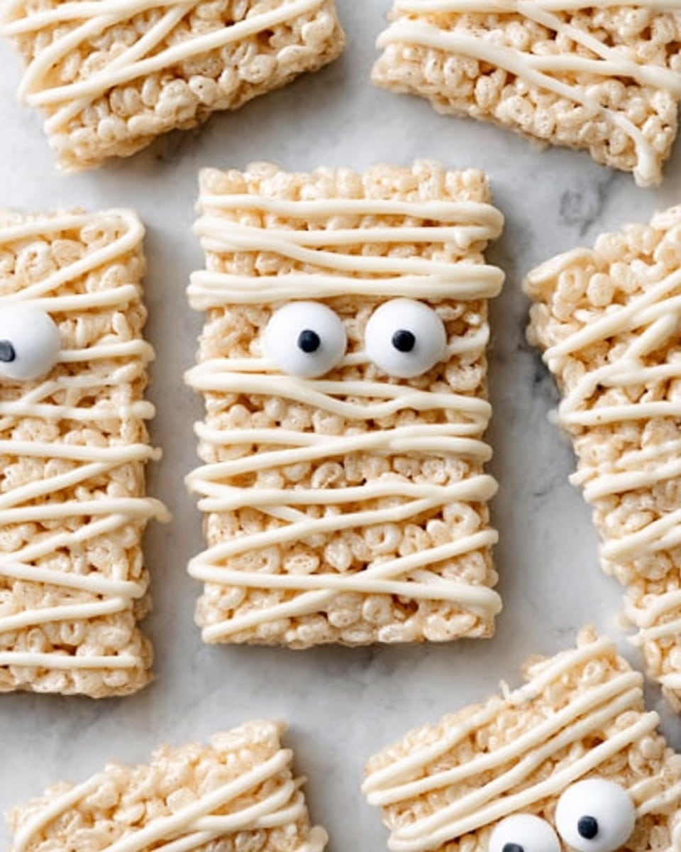 The image shows several rectangular treats that look like mummy figures. Each treat has a base layer of light beige crispy rice, topped with a cream-colored icing that is applied in thick, wavy lines crossing horizontally and vertically, creating a bandage look. Two small round white eyes with black centers peek through the icing near the top center of each treat, giving them a playful, spooky appearance. The treats are placed on a white marbled surface, spaced out evenly. The overall tone is light and creamy. photo taken with an iphone --ar 4:5 --v 7