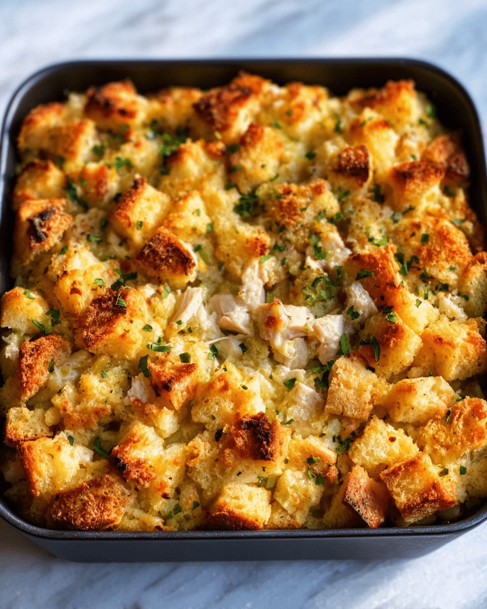 The image shows a baked casserole in a black square pan filled with multiple layers. The bottom layer is made up of chunks of white meat chicken, topped with a thick layer of golden brown bread pieces that appear crispy and toasted. The bread layer is uneven, giving a textured look with some pieces puffed and others flat. Small bits of chopped green herbs are scattered on top, adding a fresh green contrast against the warm tones of the bread. The casserole is set on a white marbled surface, with natural light highlighting the crispiness of the top layer. Photo taken with an iphone --ar 4:5 --v 7