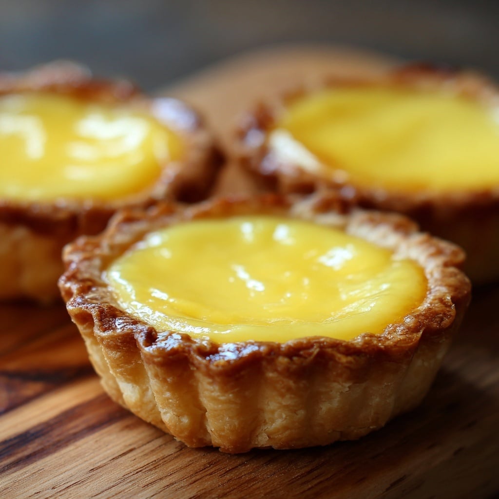 The image shows a close-up of three small egg tart pastries on a wooden surface. Each tart has a golden brown, slightly flaky crust that holds a smooth, shiny yellow custard filling. The custard layer is creamy and thick with a glossy texture that catches the light. The tarts are placed close together, with the focus mainly on the front tart, showing its detailed crust edges and glossy custard top under warm lighting. The background is softly blurred to highlight the tarts. photo taken with an iphone --ar 4:5 --v 7