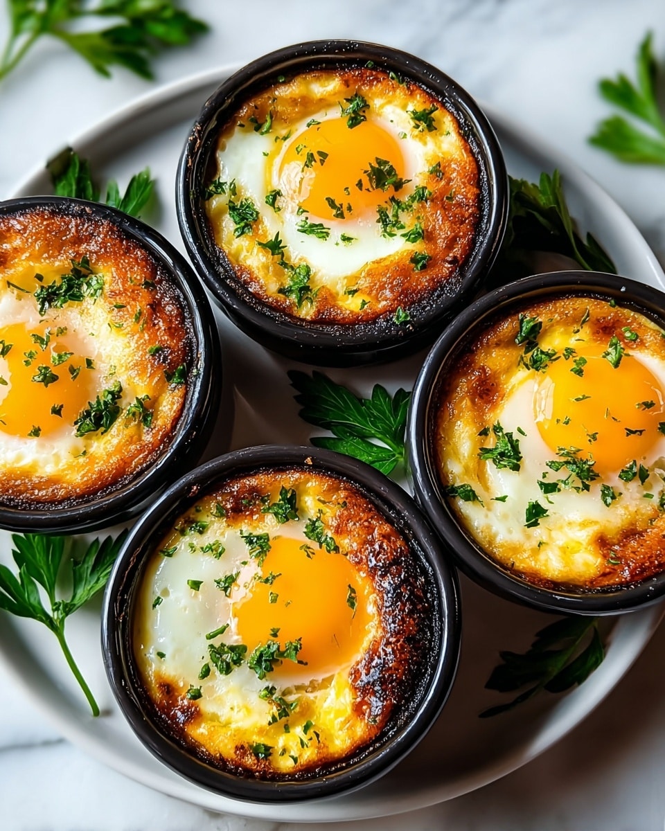 Four white ramekins are filled with a layered baked dish topped with a sunny side up egg. Each ramekin shows a crispy, golden brown layer underneath the bright orange yolk and slightly cooked white. Garnished with small pieces of chopped green herbs scattered on top and around the ramekins on a white marbled surface, the texture of the baked layers looks creamy and slightly browned at the edges. The scene captures warmth and freshness with close-up detail, photo taken with an iphone --ar 4:5 --v 7