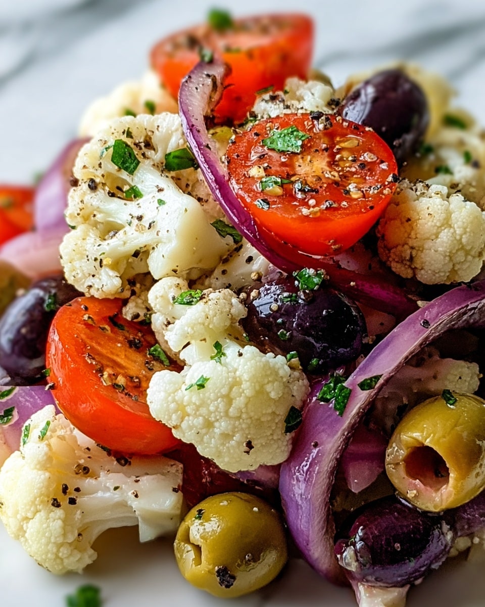 The image shows a close-up of a colorful cauliflower salad with several layers of ingredients mixed together. The top layer is made of small white cauliflower florets with a slightly rough texture. Resting on and around the cauliflower are bright red cherry tomato halves with visible seeds, and slices of purple-red onion. Scattered throughout the salad are both dark black olives and green olives, adding shine and a smooth surface. Tiny green chopped herbs are sprinkled on top, along with some black pepper seasoning throughout the dish. The salad sits against a white marbled texture background, showing a fresh and vibrant look. photo taken with an iphone --ar 4:5 --v 7