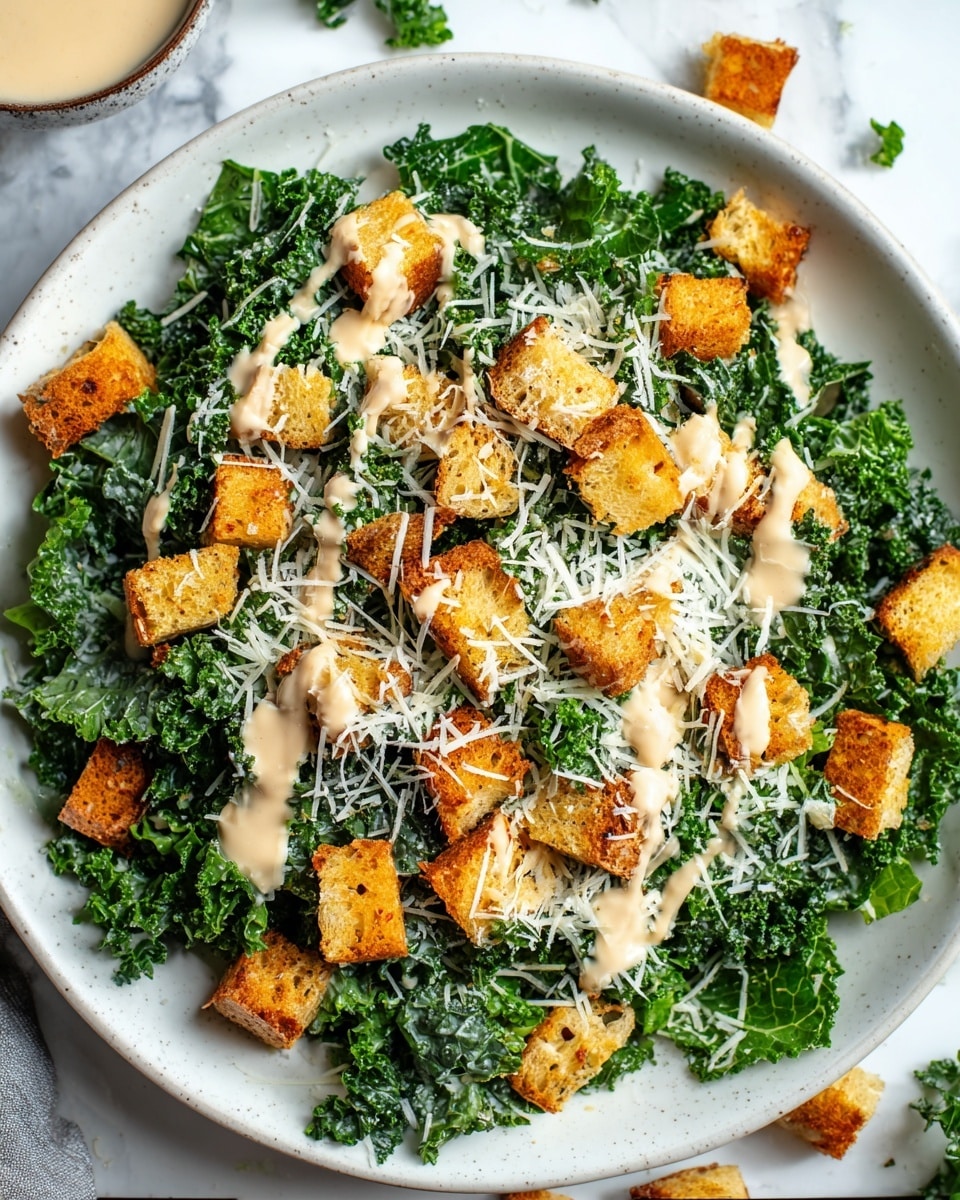 A white speckled plate holds a fresh kale salad with deep green, curly kale leaves forming the base layer. On top, there are golden brown croutons scattered evenly, showing a crunchy texture. Creamy light beige dressing is drizzled across the salad, creating a smooth, flowing pattern. The salad is finished with a fine layer of shredded white cheese sprinkled over everything. The plate sits on a white marbled surface, enhancing the fresh colors and textures of the dish. Photo taken with an iphone --ar 4:5 --v 7