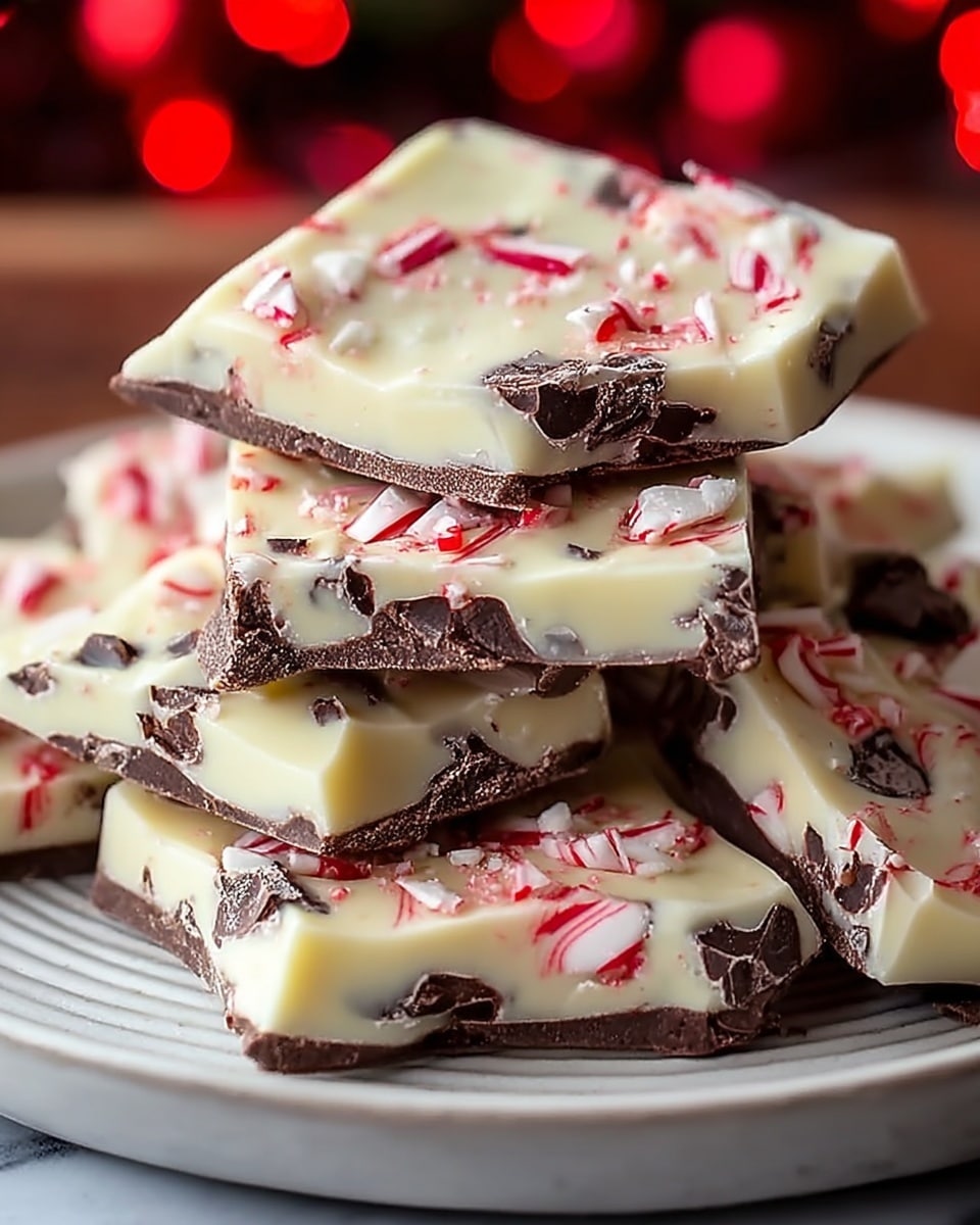 A stack of chunky peppermint bark pieces is placed on a white plate with a scalloped edge. Each piece has two layers; the bottom layer is dark brown with a rich, slightly rough texture, and the top layer is creamy white with smooth swirls of thin red peppermint streaks running across it. Small dark chocolate chunks are embedded in the white layer, giving a mixed texture. The bark pieces are unevenly shaped and stacked casually, with a soft focus of red holiday lights in the blurred white marbled background. Photo taken with an iphone --ar 4:5 --v 7
