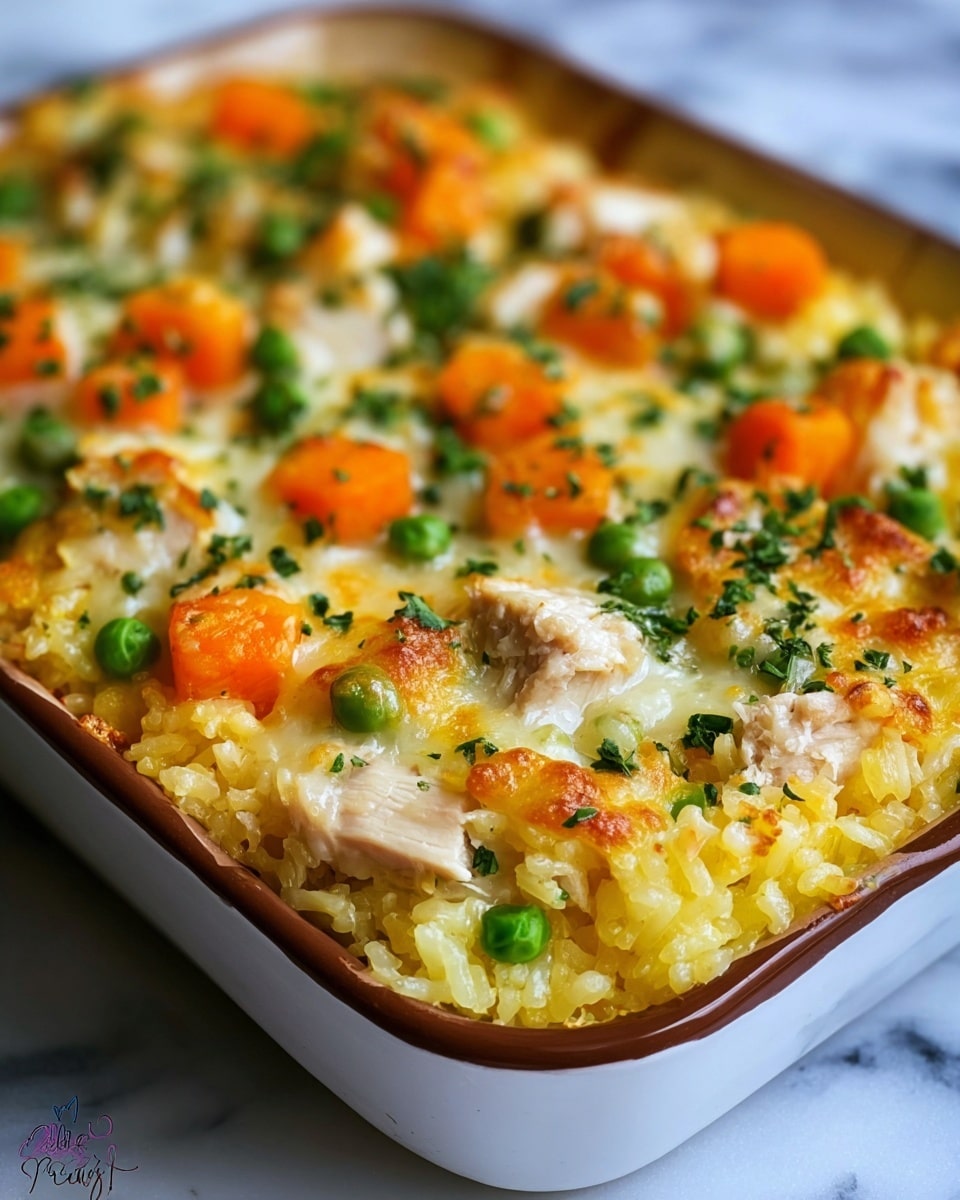 A close-up view of a baked casserole in a white dish with brown edges, filled with three main layers: the bottom layer is soft yellow rice, the middle layer has tender white chicken chunks scattered evenly, and the top layer features orange carrot slices and bright green peas mixed throughout. The surface is lightly browned with melted cheese spots and sprinkled with small green chopped herbs, all resting on a white marbled surface. photo taken with an iphone --ar 4:5 --v 7