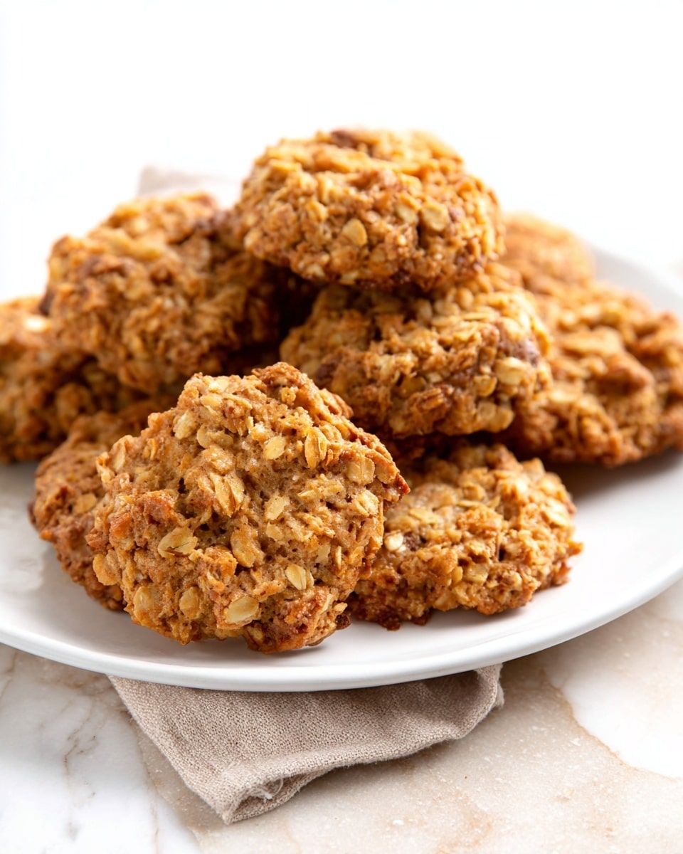 A close-up view of a metal baking tray lined with white parchment paper, holding several rough, chunky peanut butter cookies with visible oats and nuts. The cookies are golden brown with irregular shapes and textured surfaces showing small nut pieces and oat flakes. A woman's hand is gently picking up one cookie from the middle of the tray, with fingers curved softly around the edge. The tray and cookies rest on a white marbled surface, creating a clean and bright background. photo taken with an iphone --ar 4:5 --v 7