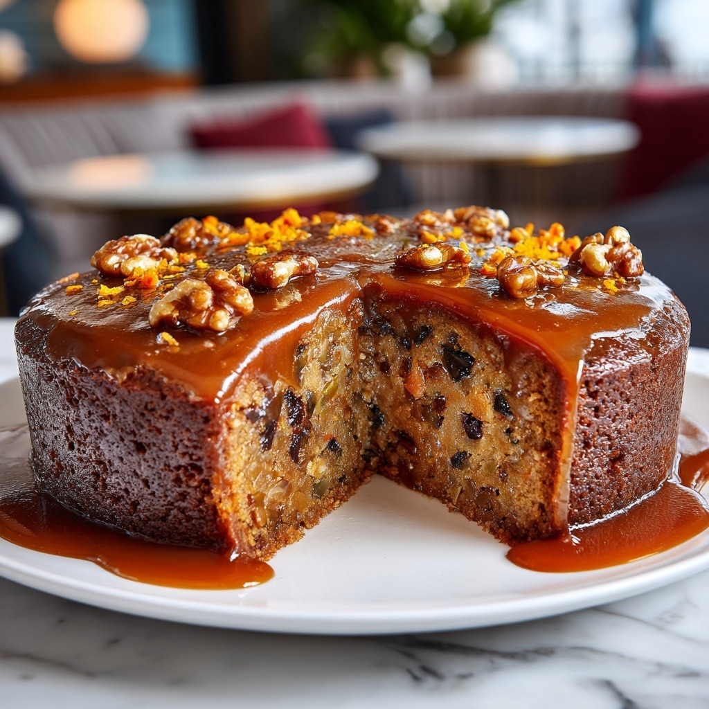 A close-up image of a moist fruit and nut cake with a thick golden caramel sauce dripping over the top and pooling slightly on a white plate with a white marbled background. The cake is cut in half to reveal a dense inside filled with dark dried fruits and chunks of light-colored nuts. The top layer is covered in caramel sauce with scattered pieces of walnuts and small orange peel bits adding texture and color contrast. The cake has a slightly crisp, darker brown crust on the outside. Photo taken with an iphone --ar 4:5 --v 7