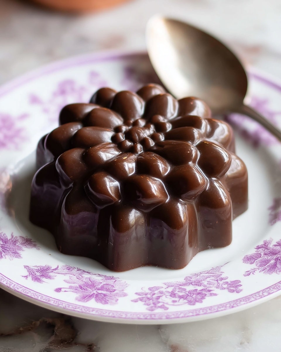 A single dark brown chocolate dessert shaped like a flower with detailed petal textures forms one solid layer, sitting on a white plate with delicate light purple floral patterns near the rim and a thin gold edge; a silver spoon lies behind it on the plate, all placed on a white marbled surface. Photo taken with an iphone --ar 4:5 --v 7