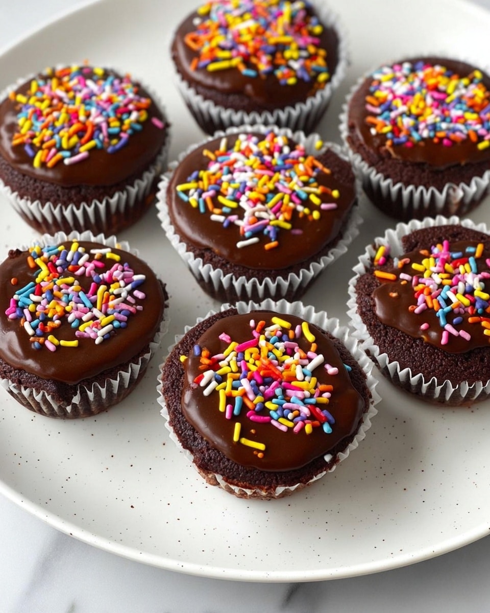 A close-up view of eight chocolate cupcakes arranged on a white plate with small speckles, set on a white marbled surface. Each cupcake has a dark chocolate base with a smooth, glossy layer of chocolate on top. The top layer is sprinkled with colorful, small, cylindrical sprinkles in various colors including red, yellow, purple, orange, white, pink, and blue. The cupcakes are wrapped in white paper liners, and the photo captures the rich texture of the chocolate and the vibrant colors of the sprinkles. Photo taken with an iphone --ar 4:5 --v 7