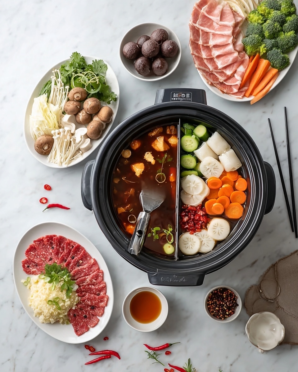 A black divided hot pot sits center on a white marbled surface, with the left side filled with a dark brown broth containing small food pieces, and the right side holding layers of ingredients: green round vegetables at the top left, orange carrot slices beside them, white fish rolls packed tightly in the middle, white round slices in front of the fish rolls, and red small grains filling the bottom right corner; a ladle rests inside the pot. Surrounding the pot are several white plates and bowls: one with whole white mushrooms, another with light mashed root vegetables and green leafy herbs, a small bowl of dark brown round balls, a small bowl of sauce, a larger white plate holding slices of red meat, long green cucumber sticks, broccoli florets, light brown mushrooms, and bright orange carrot slices arranged in sections, and another white plate containing thinly arranged slices of marbled pink and white meat, light orange carrot strips, mixed green herbs including broccoli, and white enoki mushrooms, with black chopsticks resting on the edge. Red chili peppers and peppercorns are scattered nearby, all set on a white marbled surface. photo taken with an iphone --ar 4:5 --v 7