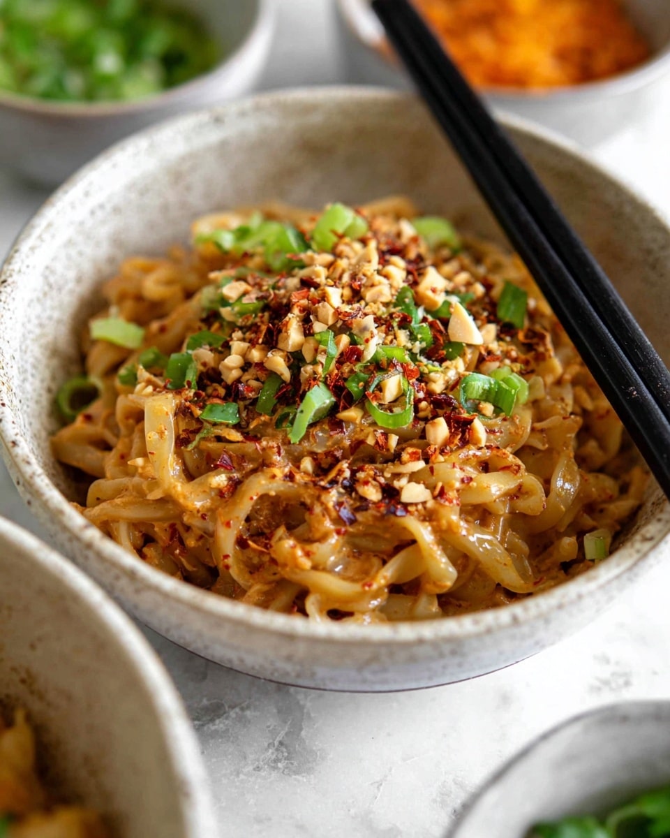 A bowl filled with thick, soft noodles coated in a creamy brown sauce, topped with chopped peanuts, bright green sliced scallions, and red chili flakes scattered over the noodles. The noodles have a slightly glossy texture, and black chopsticks rest on the edge of the white bowl. The bowl sits on a white marbled surface with another bowl partially visible nearby, and small pieces of scallion are scattered around. photo taken with an iphone --ar 4:5 --v 7