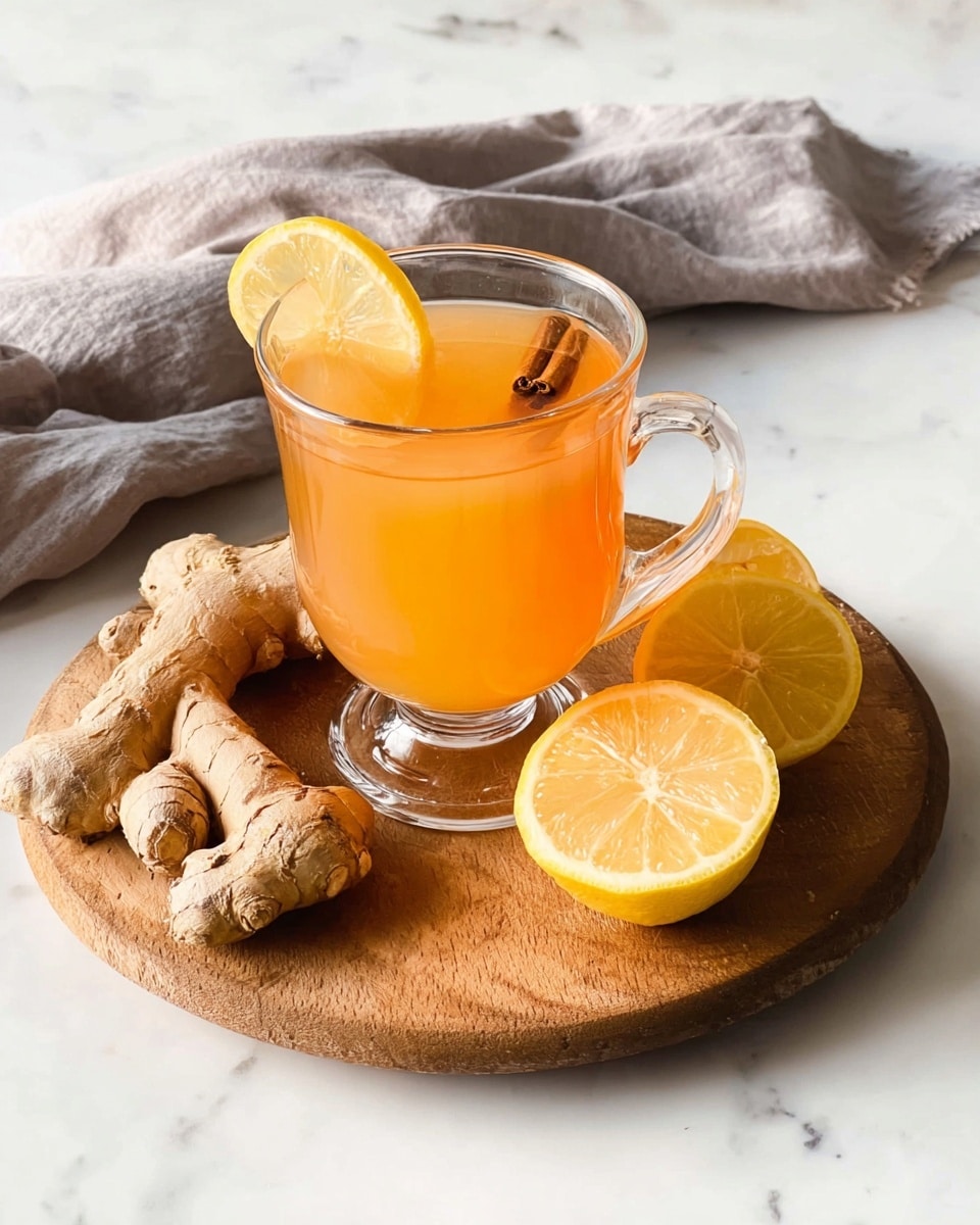 A clear glass mug filled with warm orange tea sits on a round wooden board, showing a cinnamon stick floating inside and a thin lemon slice resting on the rim. The tea has a smooth, translucent texture with a warm amber color. On the board around the mug are three pieces of fresh ginger root in light brown and beige tones with rough, bumpy skin texture, alongside two lemon halves, one facing up showing its vibrant yellow inside with visible segments and the other facing down. A soft grey cloth is casually placed in the upper left background on a white marbled surface. photo taken with an iphone --ar 4:5 --v 7