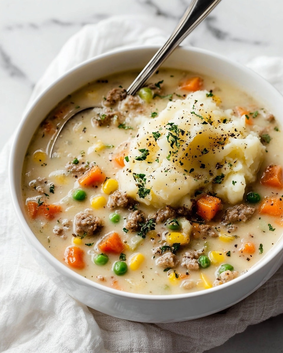 A white bowl filled with a thick soup containing several layers: the creamy light beige broth forms the base, mixed with small pieces of ground meat and diced vegetables like orange carrots, green peas, and yellow corn scattered evenly throughout. On top is a generous scoop of mashed potatoes, creamy and light in color with slight lumps, sprinkled with finely chopped parsley and black pepper. A silver spoon rests inside the bowl, and the bowl is placed on a white cloth on a white marbled surface. photo taken with an iphone --ar 4:5 --v 7