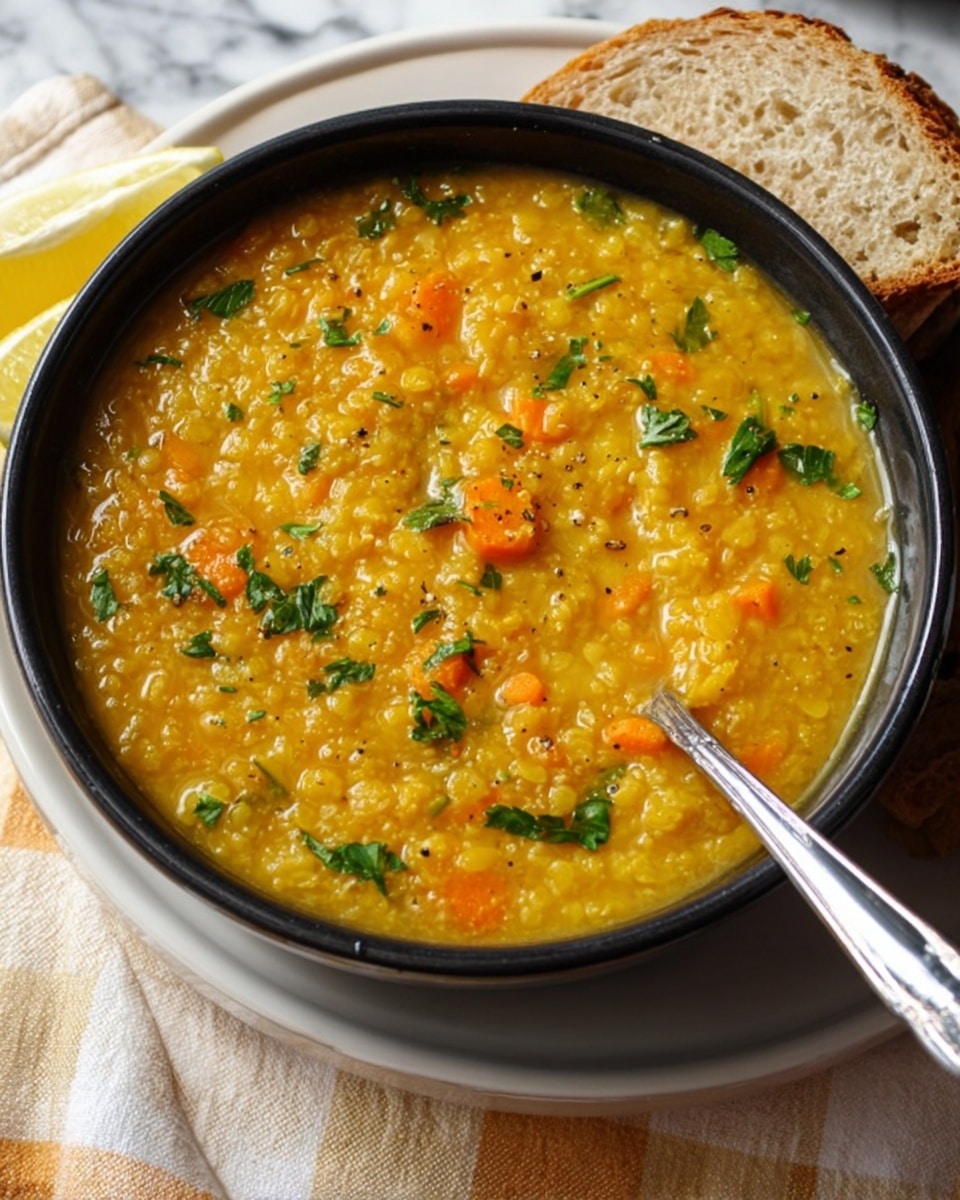 A white bowl filled with thick lentil soup that has a bright orange-yellow color with visible orange carrot pieces and small green herb leaves scattered on top, sitting on a white plate with a lemon wedge on the side. There is a silver spoon inside the soup on the right side, and a piece of crusty bread is placed next to the bowl. The background is a white marbled texture with a soft striped cloth partially visible beneath the plate. photo taken with an iphone --ar 4:5 --v 7