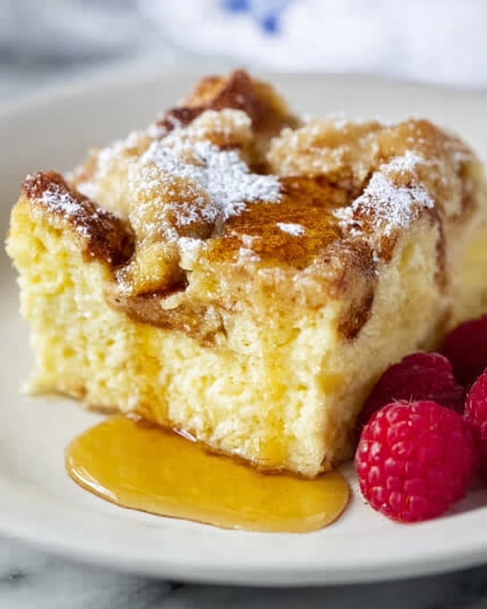 The image shows a close-up of a square piece of crumb cake on a white plate. The cake has two main layers: the bottom layer is a light yellow, soft and fluffy cake with small air holes, while the top layer is a darker brown crumb topping that looks crumbly and textured. The crumb layer is sprinkled with white powdered sugar for decoration. In the background, there are a few red raspberries on the plate and a fork resting behind the cake piece. The plate sits on a colorful fabric with blue, green, and purple patterns, and the surface beneath is a white marbled texture. Photo taken with an iphone --ar 4:5 --v 7