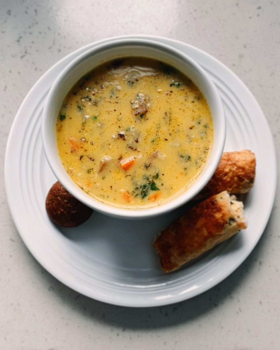 A white bowl filled with thick yellowish soup that has visible pieces of vegetables and herbs, placed on a white plate. Next to the bowl on the plate are two pieces of rolled food with a golden-brown crust and a small round brown item. The background is a white marbled surface. photo taken with an iphone --ar 4:5 --v 7