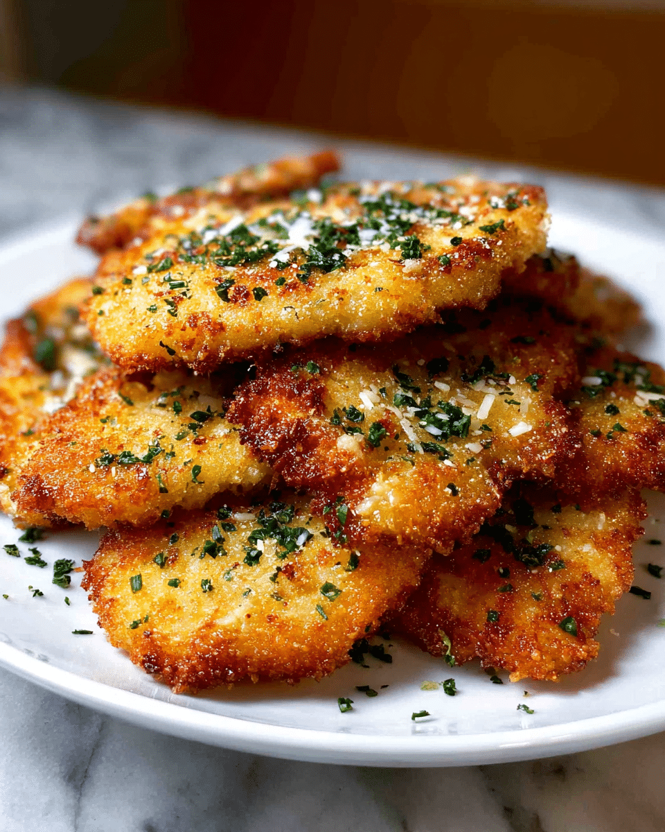 A white plate is filled with golden brown, crispy fried pieces that look like breaded chicken or fish fillets. Each piece has a crunchy texture with a mix of light and darker golden spots, showing a well-fried crust. They are sprinkled with finely chopped green herbs and small bits of white garlic or cheese on top. The pieces are layered slightly overlapping, giving a pile of about two layers. The background is a white marbled surface, softly blurred to keep focus on the plate. photo taken with an iphone --ar 4:5 --v 7