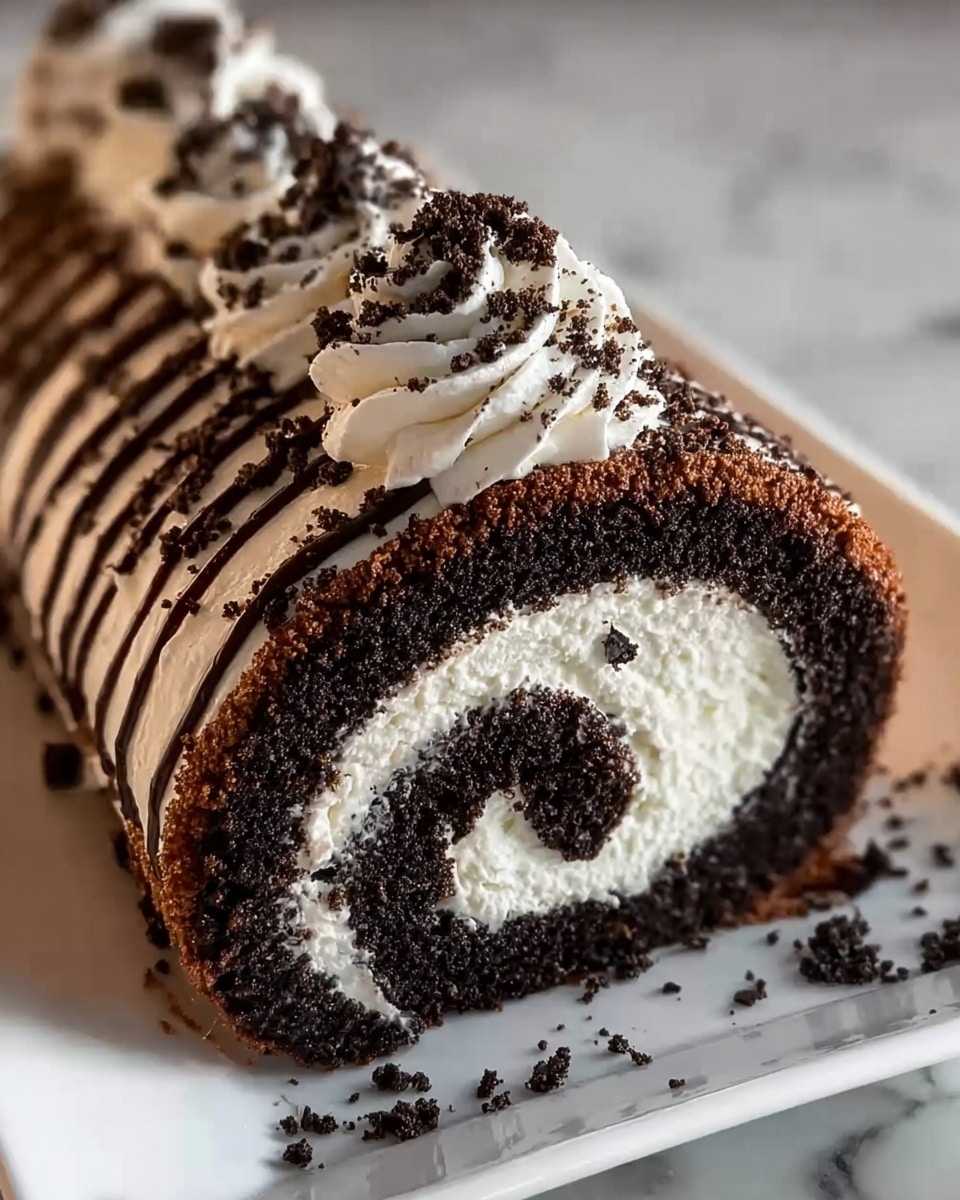 A close-up view of a chocolate roll cake placed on a long white plate, resting on a white marbled surface. The cake has two main visible layers: a dark, soft chocolate sponge cake forming the outer layer and a thick, creamy white filling spiraled inside. The outside of the roll is covered with white cream, topped with small dollops of whipped cream and sprinkled with dark chocolate crumbs. Thin lines of dark chocolate syrup are drizzled across the top of the roll, adding texture and contrast. photo taken with an iphone --ar 4:5 --v 7