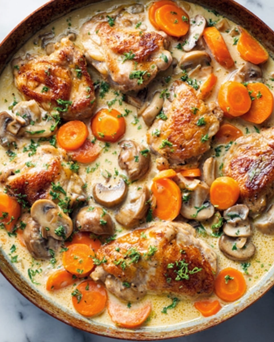 The dish is a creamy stew served in a white pan, filled with several layers of ingredients. At the bottom, there is a light beige creamy sauce with a smooth texture. On top of the sauce, there are golden brown chicken pieces that look tender and juicy. Around the chicken, bright orange carrot sticks and circular carrot slices add a pop of color. Thinly sliced brown mushrooms scattered throughout the dish add more texture and depth. Finely chopped fresh green herbs are sprinkled on top, giving a fresh and vibrant touch. The pan is placed on a white marbled surface. photo taken with an iphone --ar 4:5 --v 7