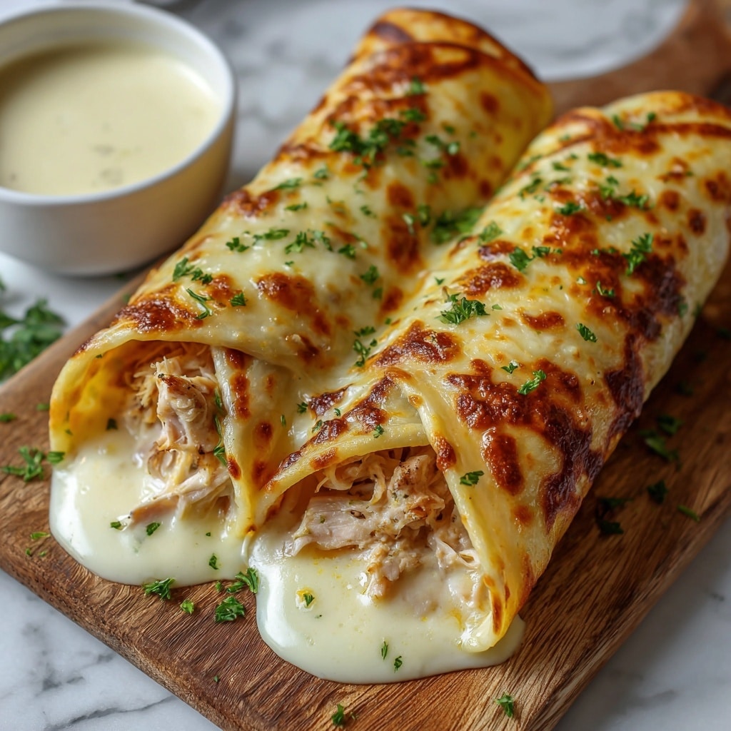 Two rolled crepes are covered in a layer of melted cheese that is golden brown in spots and garnished with small green parsley leaves. The crepes are stuffed with shredded chicken, visible at the open ends where the creamy melted cheese flows out. They sit close together on a wooden board, with a creamy white sauce seen in a bowl in the blurred background. The overall look is warm and inviting with a mix of soft, melted textures and a white marbled surface underneath. photo taken with an iphone --ar 4:5 --v 7