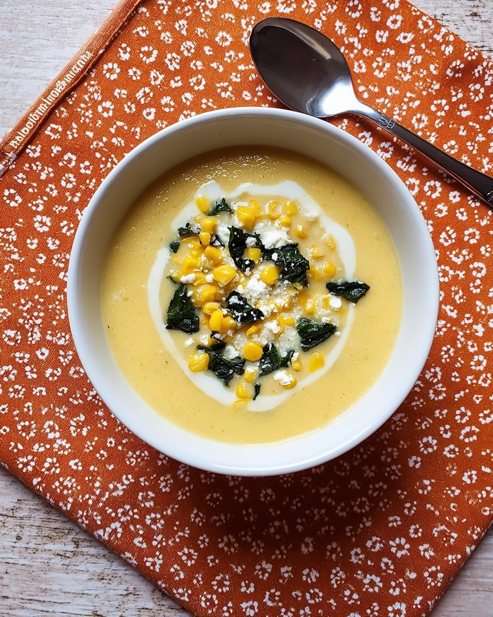 A white bowl filled with creamy yellow soup topped with a swirl of white cream, golden corn kernels, dark green leafy pieces, and sprinkled with white crumbly cheese, sitting on an orange cloth with white patterns on a white marbled surface; a silver spoon rests beside the bowl. photo taken with an iphone --ar 4:5 --v 7
