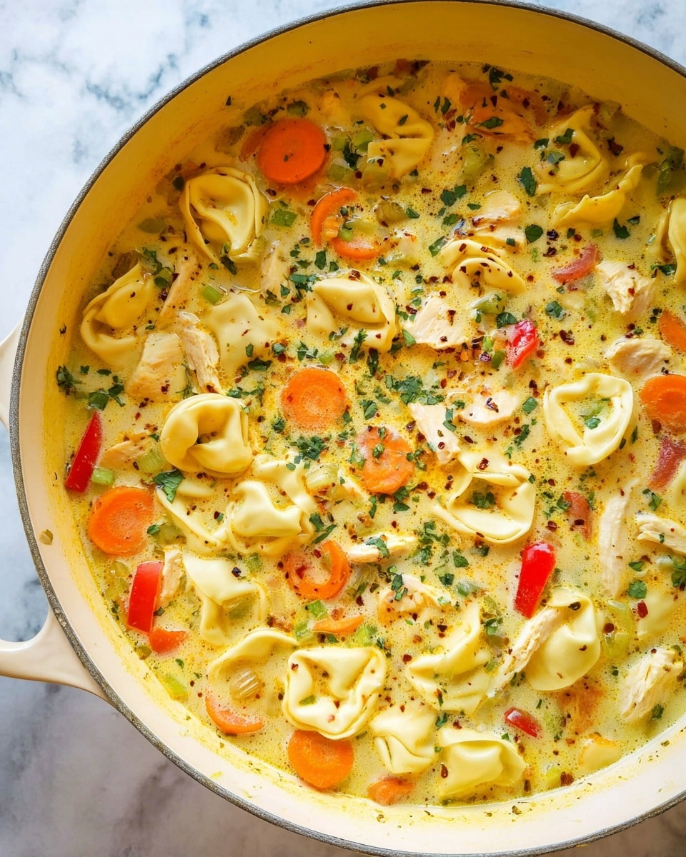 A close-up view of a creamy chicken soup filled with multiple layers that include plump, round tortellini pasta pieces floating on the surface, torn bits of white cooked chicken, and small chunked vegetables like orange carrots and red bell peppers scattered throughout. There are also dark green leafy herbs and spinach pieces mixed in, adding extra color. The broth is pale yellow with visible specks of dried herbs and spices. A wooden spoon with some soup on it rests on the right side of the pot, which is white with a dark rim, set against a white marbled surface. Photo taken with an iphone --ar 4:5 --v 7