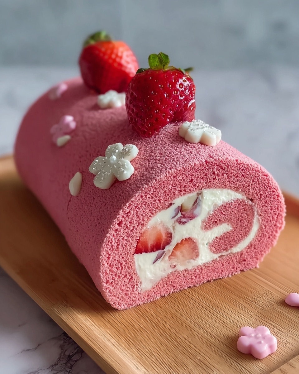 The image shows a pink heart-shaped Swiss roll cake with three visible layers. The outer layer is a smooth, soft pink sponge cake. Inside, there is a thick layer of white cream with small pieces of strawberry mixed in, creating a textured look. The cake is decorated with small white flower shapes and tiny pink heart-shaped decorations on the surface. Two whole red strawberries with green leaves are placed on top. The cake is set on a wooden board over a white marbled background. Photo taken with an iphone --ar 4:5 --v 7