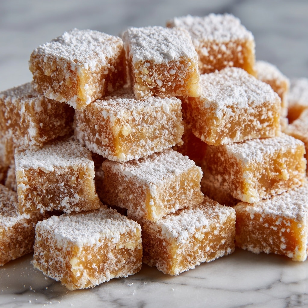 Close-up of many small square-shaped snacks with a light golden brown color, covered in a fine layer of white powdered sugar. Each piece has a slightly bumpy texture and some show a bit of smooth caramel underneath the powdered sugar. The snacks are piled up in a way that some are on top and some beneath, creating a layered look of about two to three visible layers stacked together. The image background features a white marbled texture. photo taken with an iphone --ar 4:5 --v 7