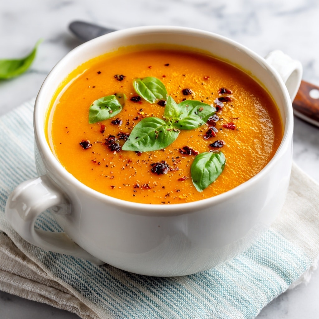 A white bowl with two handles contains a smooth, bright orange soup filling it nearly to the top. On the surface of the soup, small dark crushed pepper flakes and bigger black pepper pieces are scattered along with fresh green basil leaves spaced across evenly. The bowl sits on a folded light blue and white striped cloth on a white marbled surface. In the background, there is a knife with a wooden handle resting next to the bowl. photo taken with an iphone --ar 4:5 --v 7