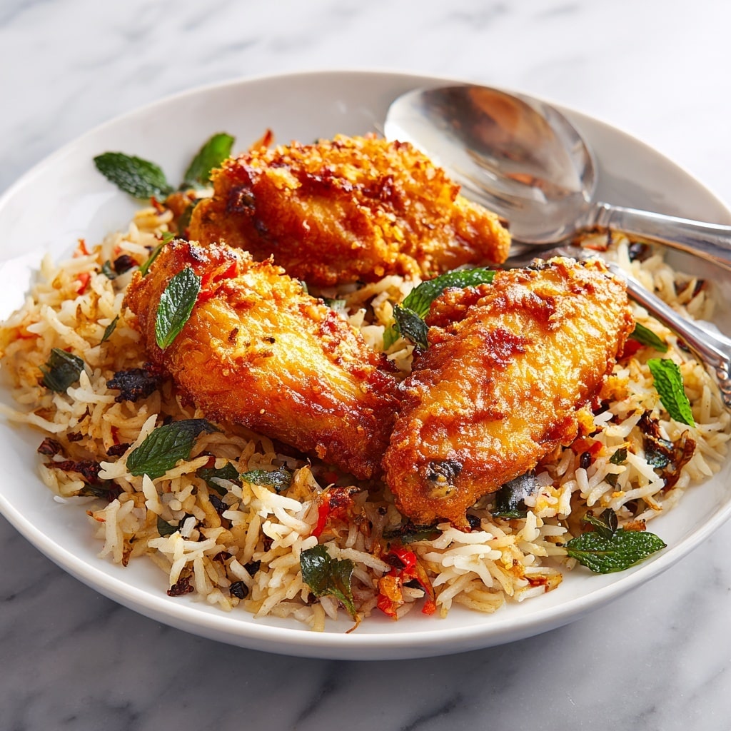 The image shows two white plates on a white marbled surface, each with two pieces of golden brown fried chicken wings on top of a bed of mixed rice with light and dark grains and some visible red and black spices. The rice has a slightly fluffy texture and the chicken wings have a crispy, crunchy coating with a rich orange color. A silver fork and spoon are placed next to the plates, and there are some green leaves on the side as decoration. Photo taken with an iphone --ar 4:5 --v 7