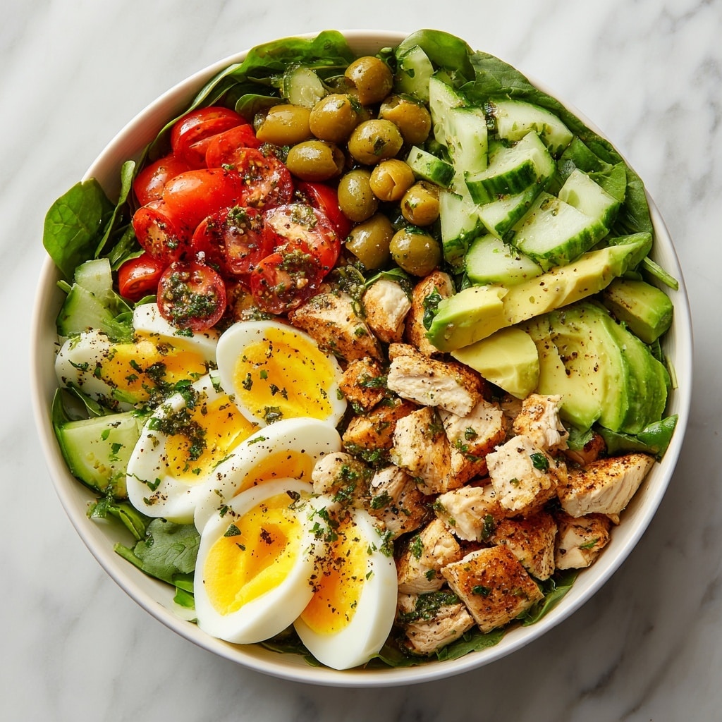 A white bowl is filled with layered salad ingredients starting at the bottom with fresh green spinach leaves and slices of light green avocado and cucumber. Above this, there are chunky pieces of cooked, golden-brown chicken, followed by quartered hard-boiled eggs with bright yellow yolks and white edges. Mixed with the eggs are shiny green olives sprinkled with coarse black pepper and chopped herbs. On one side, halved cherry tomatoes add a deep red color, and all the layers are seasoned lightly with black pepper. The bowl is placed on a white marbled surface. photo taken with an iphone --ar 4:5 --v 7