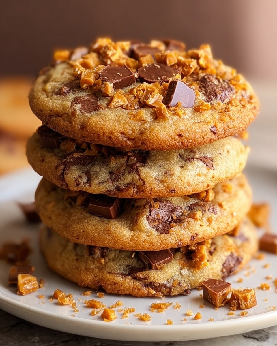 A stack of four thick golden-brown cookies with a soft texture, topped with chunky pieces of milk chocolate and small orange crispy bits, placed one on top of the other on a white plate, with a few chocolate and orange crumbs scattered around the base on a white marbled surface. The cookies show a bit of melting chocolate inside and have a slightly rough surface from the mix-ins. photo taken with an iphone --ar 4:5 --v 7