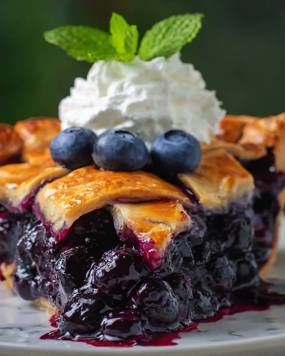 A close-up of a slice of blueberry pie with a golden-brown lattice crust on top, showing thick, glossy, deep purple blueberry filling oozing out from underneath. On top of the pie slice, there is a dollop of white whipped cream with a few plump fresh blueberries lined up in front of it, and a green mint leaf garnish standing upright behind the whipped cream. The pie is placed on a white plate, all set on a white marbled surface, with a blurred green background. photo taken with an iphone --ar 4:5 --v 7