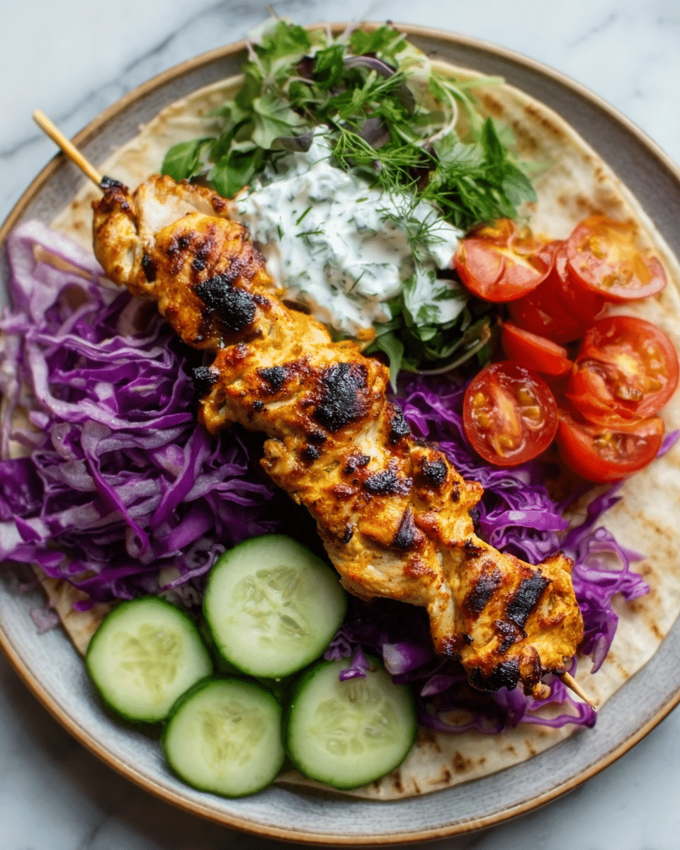 A white plate on a white marbled surface holds a flatbread base topped with layers of thin cucumber slices arranged along one side and a dollop of white creamy sauce in the center. On top of the sauce sits a skewer with three pieces of grilled chicken with clear grill marks, laid diagonally across the plate. To one side of the skewer is a pile of shredded bright purple cabbage, and to the other side are halved red cherry tomatoes. The dish is garnished with finely chopped green herbs sprinkled over the top. A woman's hand is holding the edge of the plate. Photo taken with an iphone --ar 4:5 --v 7
