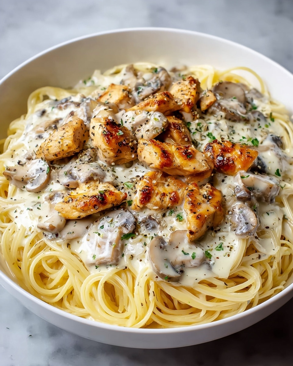 A white bowl holds a plate of spaghetti as the bottom layer, showing pale yellow, smooth, and slightly shiny noodles coiled neatly. The next layer is a creamy white sauce with visible pieces of sliced mushrooms that have a soft, pale gray color with darker edges. On top, there are browned, grilled chicken pieces with a golden-brown, slightly crispy texture and some black pepper seasoning visible. The entire dish is sprinkled with small green herb bits and ground black pepper for color contrast. The bowl sits on a white marbled textured surface. Photo taken with an iphone --ar 4:5 --v 7