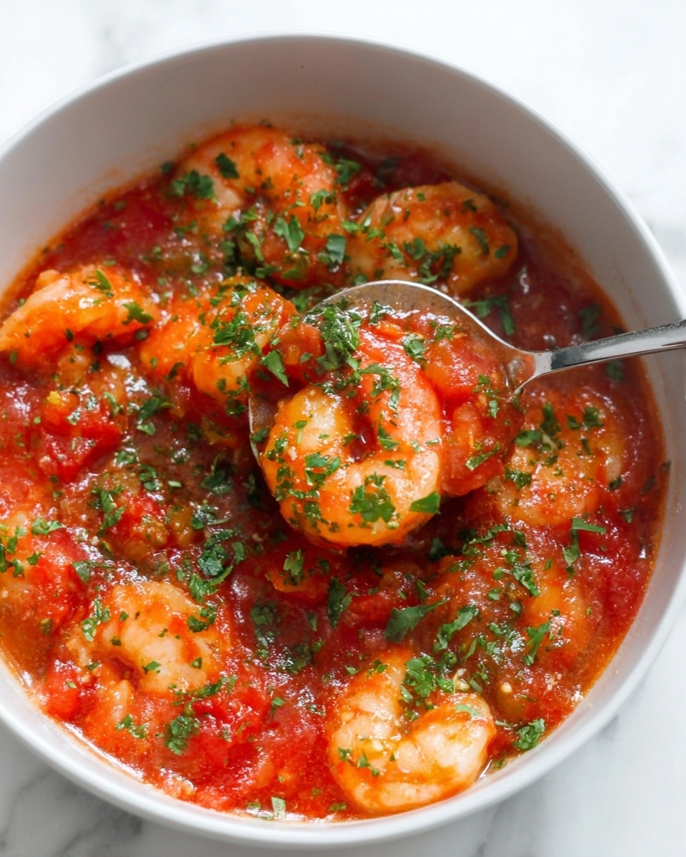 A close-up of a white bowl filled with a saucy shrimp dish showing about two layers: the bottom layer is a thick red tomato sauce with visible chunks of tomato, while the top layer features plump, pink-orange shrimp coated in the sauce. The dish is sprinkled with fresh green chopped parsley that adds a pop of color. A metal spoon is dipped into the sauce, scooping one shrimp. The bowl rests on a white marbled surface. photo taken with an iphone --ar 4:5 --v 7