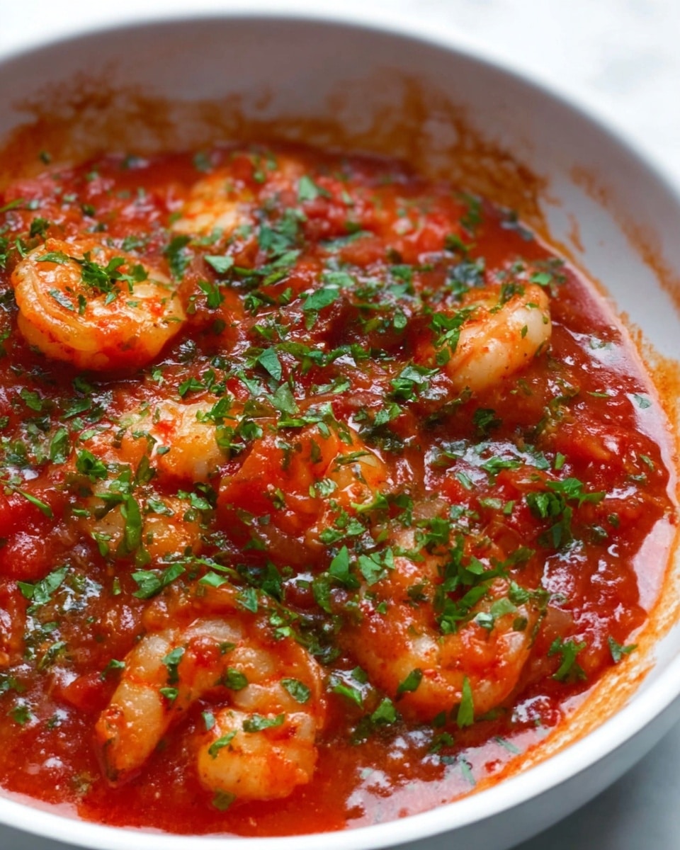 A close-up of a white bowl filled with a thick red tomato sauce dotted with cooked shrimp. The shrimp are pink and curled, scattered throughout the sauce which has chunks of tomato and a slightly oily shine. Bright green chopped herbs are sprinkled on top, adding fresh color contrast. The bowl sits on a white marbled surface, and the edge of the bowl is visible with some sauce stains on the inside. photo taken with an iphone --ar 4:5 --v 7