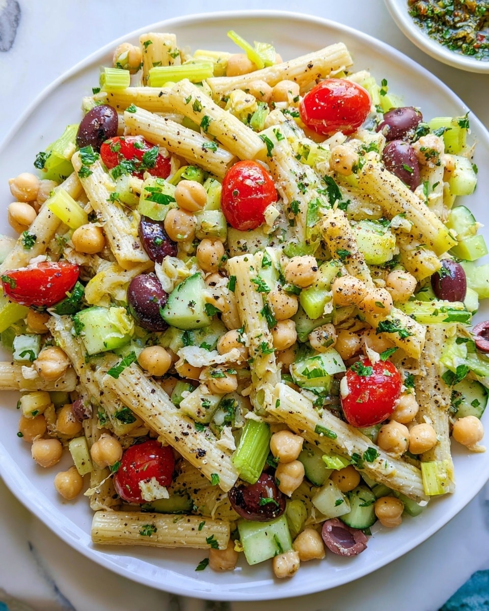 A white plate filled with a colorful pasta salad is placed on a white marbled surface. The dish has several layers: the base consists of short, tube-shaped pasta in a pale yellow color, mixed evenly with round, beige chickpeas. Scattered throughout are halved bright red cherry tomatoes and whole dark brown olives. Small chunks of light green celery and cucumber add texture, along with bits of crumbled white cheese. The salad is lightly coated with a green herb dressing, and black pepper specks are visible across the top. Photo taken with an iphone --ar 4:5 --v 7