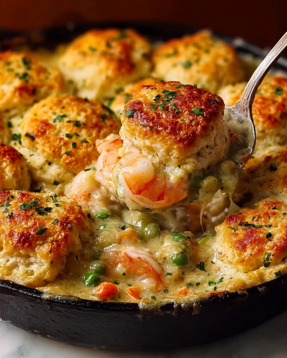 A close-up of a black skillet filled with a shrimp and vegetable casserole covered by six golden-brown biscuit dumplings. The top layer shows the biscuits with a crispy, textured surface sprinkled with chopped green herbs. Underneath, a creamy, cheesy sauce with visible green peas, orange carrot pieces, and plump, lightly grilled shrimp can be seen being lifted by a silver spoon, showing a mix of smooth sauce and chunky vegetables. The dish rests on a white marbled surface, creating a warm and comforting look. Photo taken with an iphone --ar 4:5 --v 7