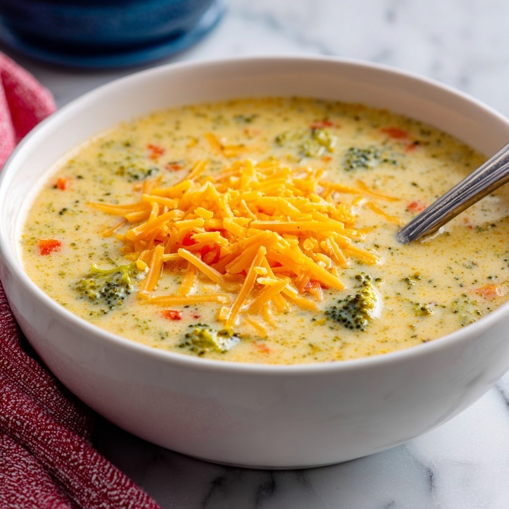 A white bowl filled with creamy broccoli cheese soup with a thick texture, pale yellow in color mixed with small bits of green broccoli and orange carrot pieces. The soup is topped with a generous pile of shredded bright orange cheddar cheese scattered evenly on top. A silver spoon is dipped into the soup from the right side. The bowl sits on a white marbled surface with a blurry red and white cloth and a blue object in the background. Photo taken with an iphone --ar 4:5 --v 7
