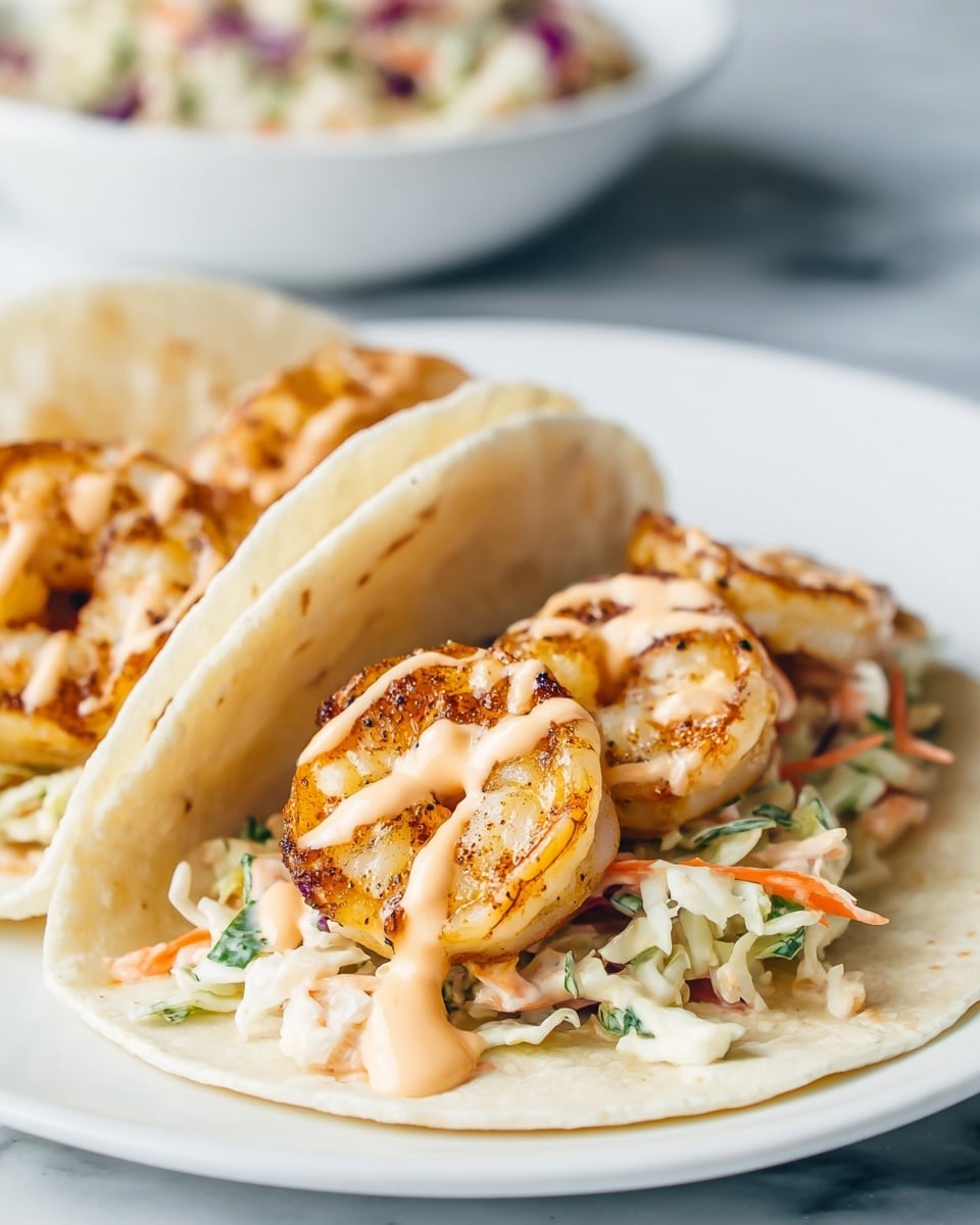 Two soft white tortillas folded over and stacked, each filled with three to four large grilled shrimp that are golden-brown with dark seasoning spots. Underneath the shrimp, there is a layer of coleslaw with shredded light green cabbage and small bits of orange carrot, visible at the edges. A light pink creamy sauce is drizzled on top of the shrimp, adding a smooth texture. The tacos rest on a white plate set on a white marbled surface, with a blurred white bowl of more coleslaw and a white bowl of sauce in the background. photo taken with an iphone --ar 4:5 --v 7