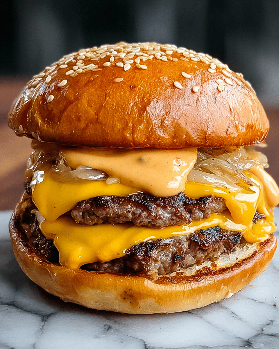 A close-up view of a juicy cheeseburger with four visible layers: at the bottom, a soft toasted white bun with a light golden brown inside; above it, a thick grilled beef patty with a textured, juicy surface; on top of the patty, a melted bright yellow cheddar cheese slice oozing slightly on the sides; next, a layer of caramelized onions mixed with a creamy, light brown sauce spread generously; and finally, a shiny golden brown sesame seed white bun as the top layer. The burger sits on a white marbled textured surface. photo taken with an iphone --ar 4:5 --v 7