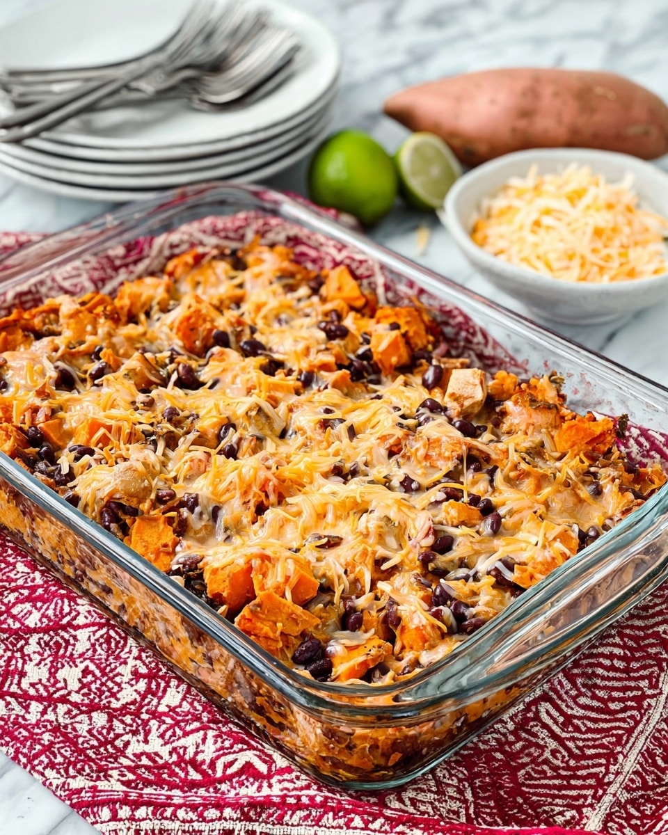 The image shows a clear glass baking dish filled with a layered casserole. The bottom layer appears to be chunks of orange sweet potato, mixed with dark black beans and pieces of a lighter ingredient, possibly chicken or cheese. On top, there is a melted, golden-yellow shredded cheese layer that covers the dish unevenly, allowing the colorful ingredients underneath to show through. The dish is set on a white marbled surface with a red and white patterned cloth underneath. Nearby, there is a whole sweet potato and a half-cut lime, with a small white bowl filled with more shredded cheese in the background. A neat stack of white plates and silver forks is also visible. photo taken with an iphone --ar 4:5 --v 7