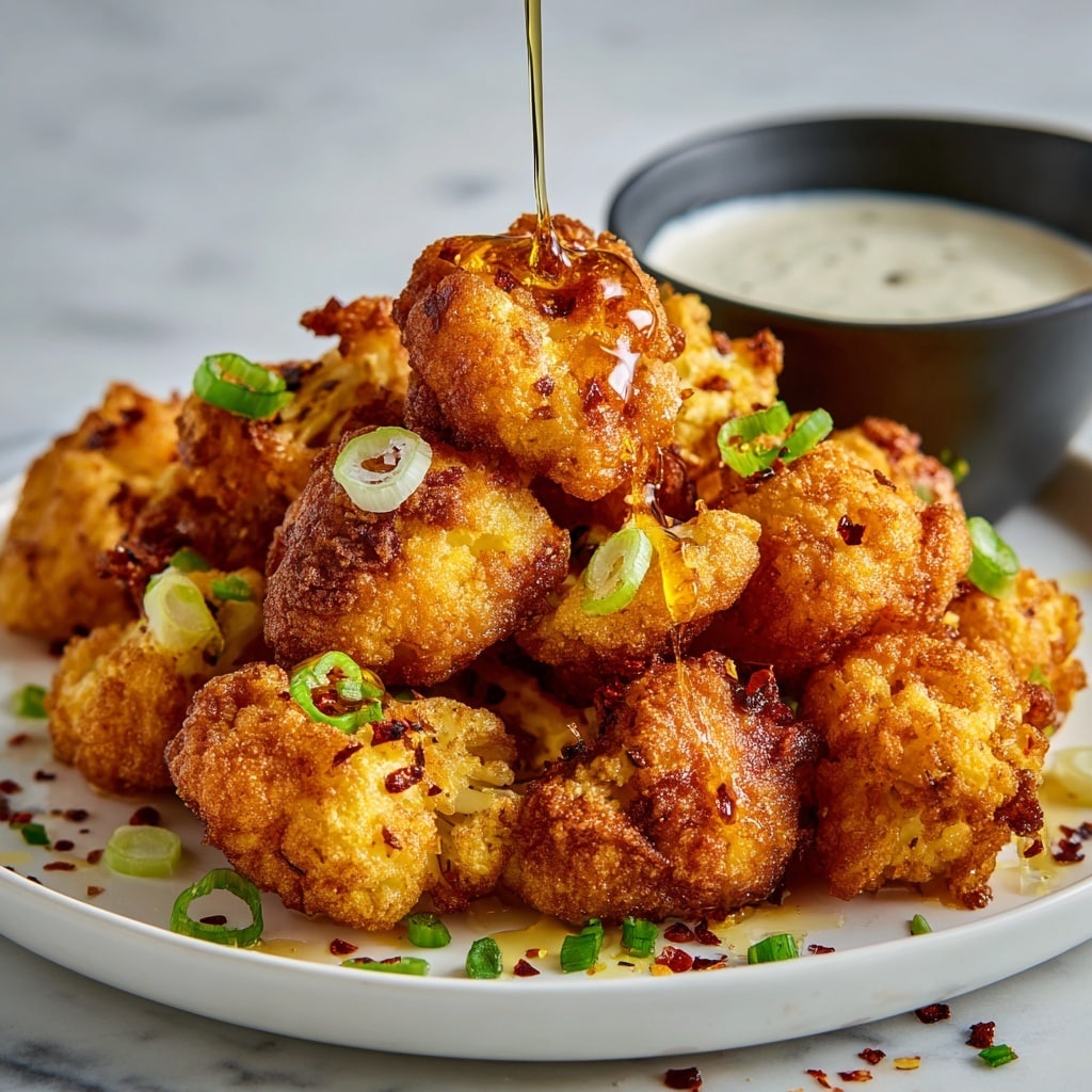 A white plate holds a pile of golden-brown fried cauliflower pieces, each textured with a crispy outer layer and a slightly irregular shape. Scattered among the cauliflower are small pieces of green onion for a fresh touch. A black bowl with a smooth, creamy white dipping sauce sits at the back of the plate. Honey or syrup is being poured over the top cauliflower piece, creating a shiny drizzle that catches the light. The plate rests on a white marbled surface, scattered with small green onion bits and red chili flakes. photo taken with an iphone --ar 4:5 --v 7