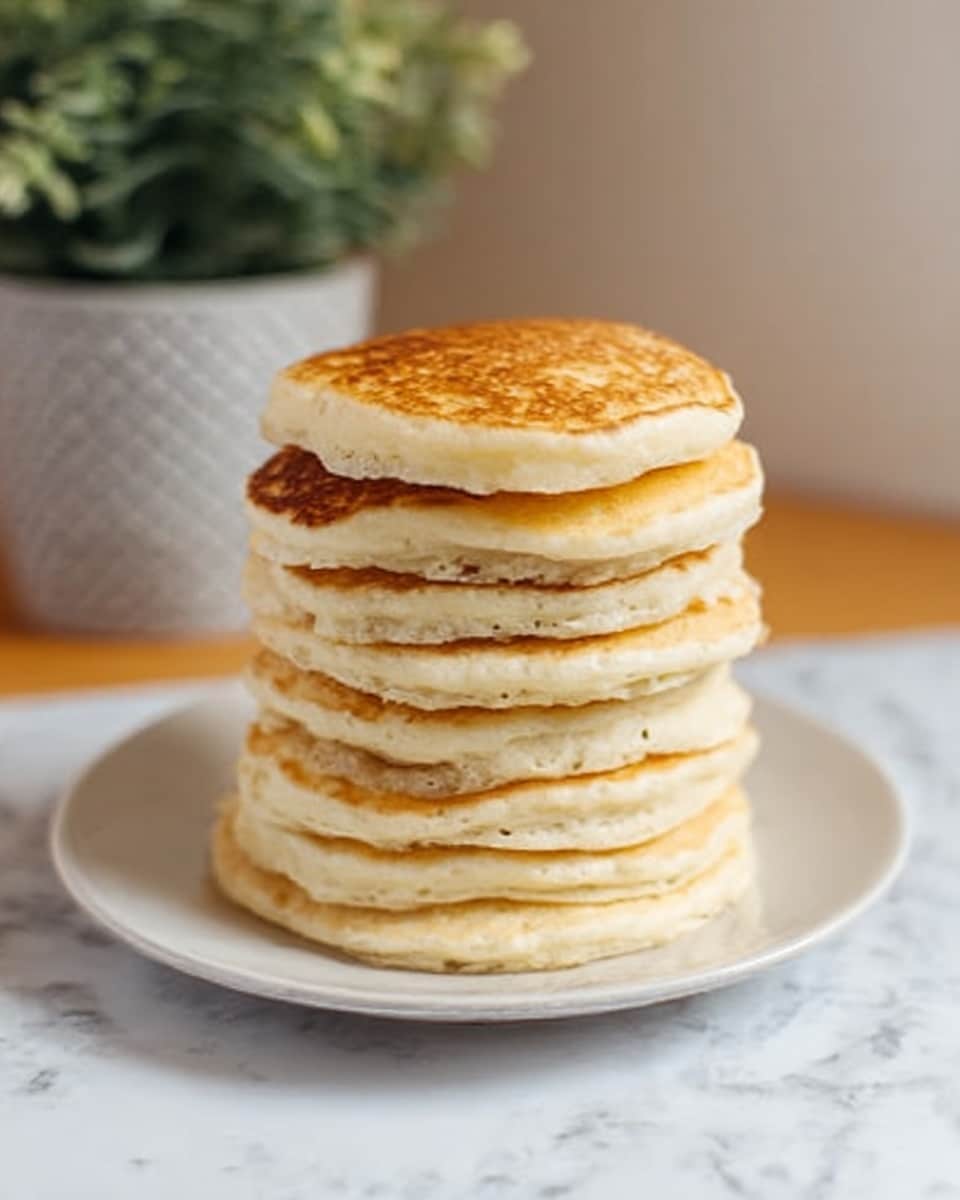 A stack of eight fluffy pancakes sits in the middle of a plain white plate. Each pancake is golden brown with a soft, slightly uneven texture on the edges, showing light and darker spots. The pancakes are thick and neatly piled, with the top pancake being smooth and round. The background shows a blurred plant pot on a white marbled surface. Photo taken with an iphone --ar 4:5 --v 7