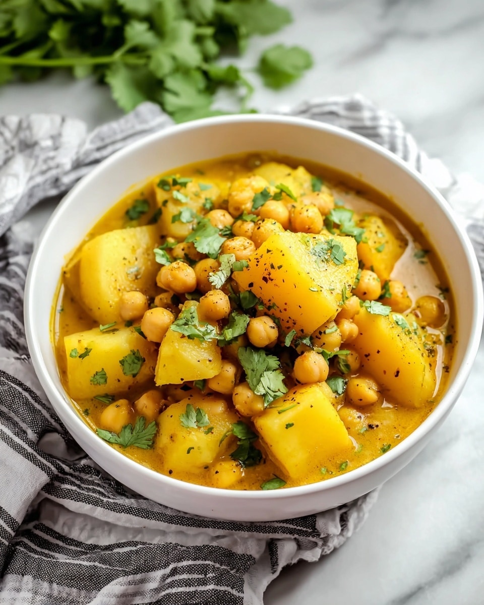 A white bowl filled with a vibrant stew showing three main layers: large yellow potato chunks with a soft texture, round light beige chickpeas, and a thick golden-yellow sauce that covers all the pieces. Fresh green cilantro leaves are scattered on top, adding contrast and freshness. The bowl is placed on a white marbled surface with a gray and white striped cloth partially under it, and some fresh green cilantro leaves in the blurry background. photo taken with an iphone --ar 4:5 --v 7